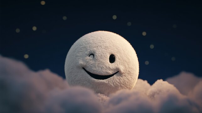Smiling Cloud Under the Stars: An adorable fluffy cloud, with a cheerful wink, floats serenely among soft, billowy clouds under a twinkling night sky, representing calmness and goodnight wishes.