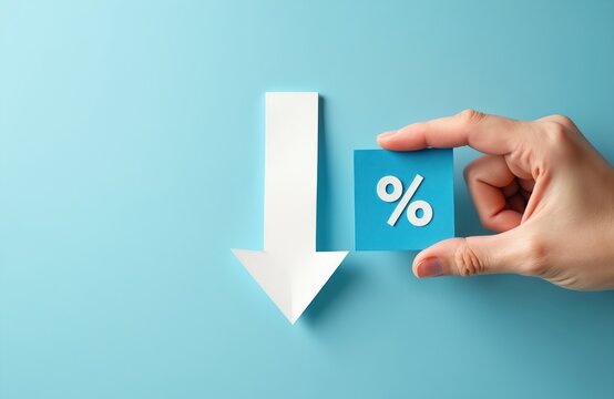 White arrow pointing down next to a hand holding a blue square with a white percentage sign. Concept for lowering prices, rates, or interest.