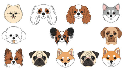 Obraz premium Grid of diverse dog breed faces including Pugs and Shibas showcases a wide range of canine expressions and unique breed features.