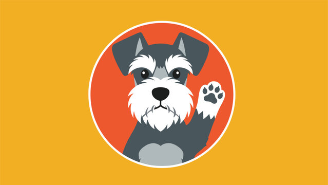 Portrait of a cute schnauzer dog waving its paw inside an orange circle against a bright yellow background.