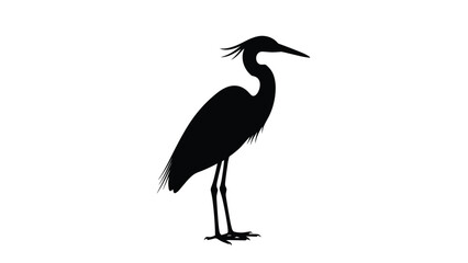 Obraz premium Solid black silhouette of a long legged heron bird standing on one leg against a plain white background.