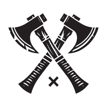 Crossed black battle axes with handles and sharp blades vector icon