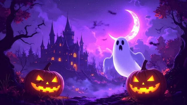 Animated ghost with pumpkins under a crescent moon halloween illustration