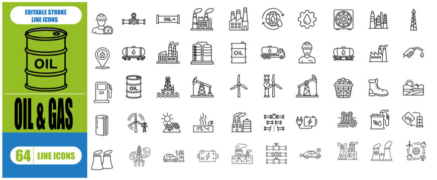 Oil & Gas line icon set. Containing fuel, refinery, petroleum, oil well, gas pump, offshore platform, lubricant, oil barrel and more. Editable stroke. Vector illustration