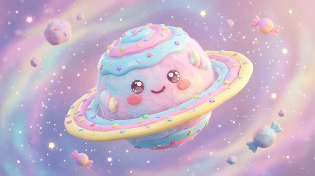 Kawaii candy planet with sprinkles and colorful rings in pastel space