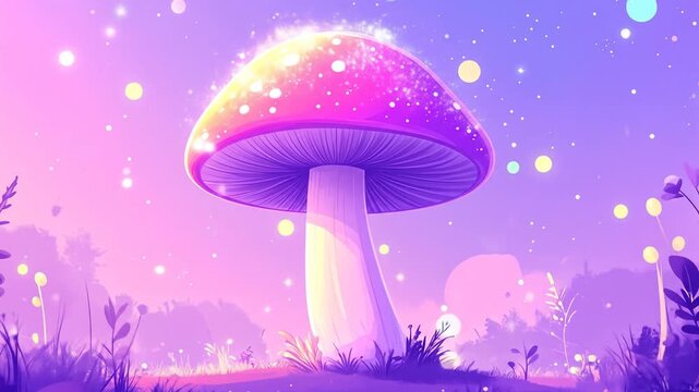 Animated mushroom with sparkling light effects in an abstract fantasy scene