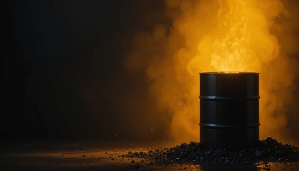 A black barrel on fire with smoke and flames rising high in darkness