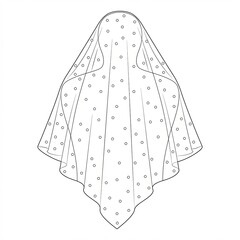 Flat technical drawing of a tulle veil with scattered pearls isolated on white background. Textured sketch.
