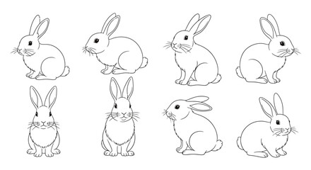 Obraz premium A collection of six rabbits depicted in a simple linear style showcasing various poses and orientations silhouette high quality professional detailed