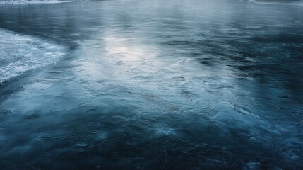 Fototapeta premium Frozen lake in shades of blue: A vast, icy expanse where the water surface shows the transformation of water to ice. A winter wonderland and a cold, captivating sight.