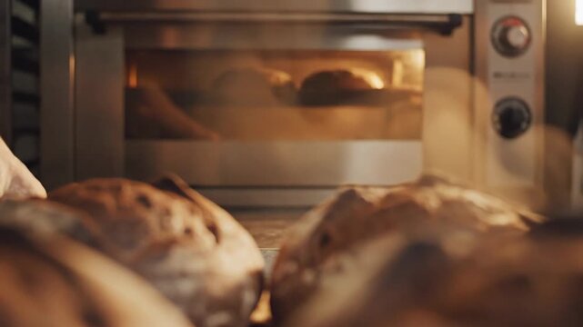 Freshly baked artisanal loaves of rustic bread cooling near a commercial oven, showcasing golden crust and warm texture