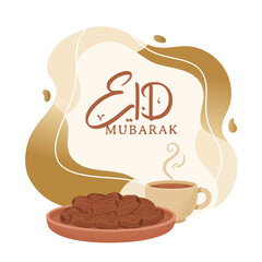 Minimalist vector illustration of traditional Eid treats with dates, steaming tea, and Eid Mubarak calligraphy. Features soft organic shapes in warm terracotta, beige, and gold earthy tones
