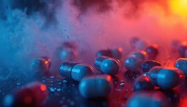 Capsules scattered on surface with smoke and neon lights. Blue and red glow illuminate pills creating dramatic moody atmosphere. Substance abuse concept illustration.
