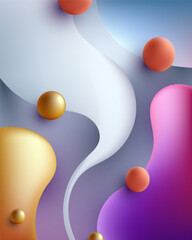 Abstract 3d background with fluid layers and floating spheres featuring gold and pink gradients for modern digital art and luxury brand presentation backdrop