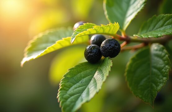 Dark berries ripen on a lush green Eleutherococcus branch, bathed in warm morning sunlight. This medicinal plant thrives in a garden, offering a natural source of health.