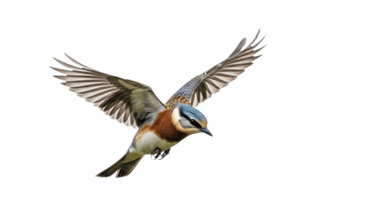 Obraz premium Colorful songbird diving in midair, blue crown and warm chestnut wings sharply spread as it angles down through clean white space with intent focus
