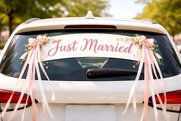 White car with a just married banner attached to the rear window, decorated with ribbons and flowers for wedding celebration