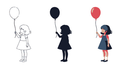 Collection of three diverse vector illustrations depicting a young girl standing sideways while holding the string of a festive bright red balloon aloft in her hand