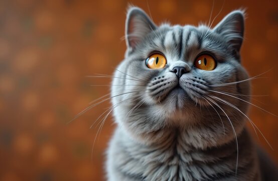 Scottish Fold cat with big orange eyes looks up expectantly. This fluffy grey pet waits patiently for food. Cute animal portrait with soft brown background.
