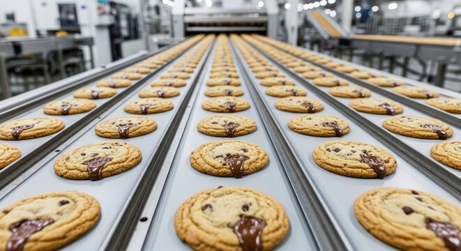 Fresh chocolate chip cookies moving along a factory conveyor belt in rows for production
