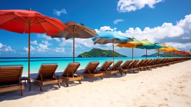Beach scene with rows of colorful umbrellas and lounge chairs under clear skies