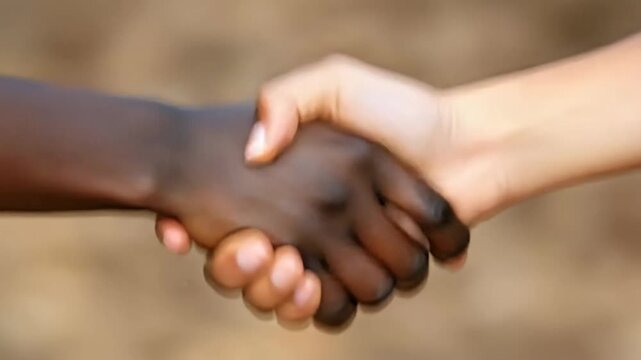 Harmony of Hands: A powerful display of unity and collaboration unfolds as two hands of different colors join in a firm handshake, symbolizing partnership, cooperation, and the beauty of diversity.