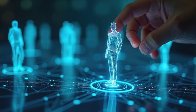 Hand selects digital hologram figure for optimal team placement. Futuristic hiring process uses tech for right employee choice. Human resources analysis builds efficient workforce structure.