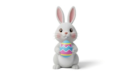 Fototapeta premium Cute Easter Bunny Holding Colorful Egg Isolated on White