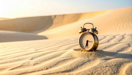 Alarm Clock on Sand Dunes Under Soft Sunlight, Time Concept, Sand Texture, Desert Landscape, Journey of Time, Minimalist Composition
