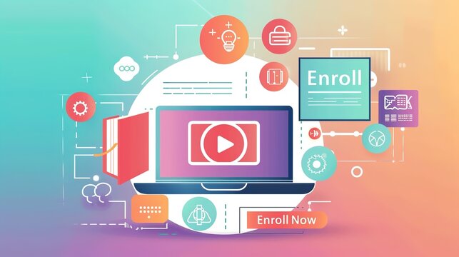 Dynamic Online Course Promotional Banner Template with Laptop Video Play Icon, Learning Module Symbols, and Bright Gradient Background