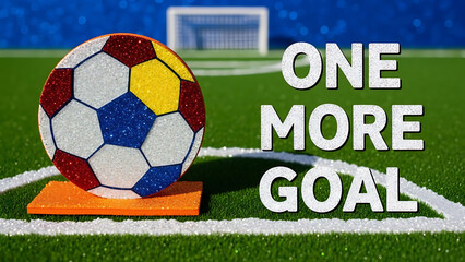 Obraz premium Soccer ball on field with one more goal text for victory and motivation