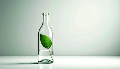 Transparent glass bottle with fresh green leaf submerged in clear water, symbolizing nature, purity, and sustainable living concept in minimalistic style