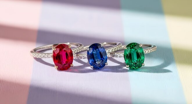 Three exquisite oval-cut gemstone rings, including ruby, sapphire, and emerald, set in silver with diamond accents, displayed on a pastel striped surface.