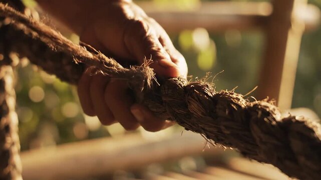 Close-up of weathered hands fraying a thick, natural fiber rope, outdoors