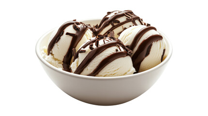 Delicious vanilla ice cream scoops in bowl with drizzled chocolate syrup topping