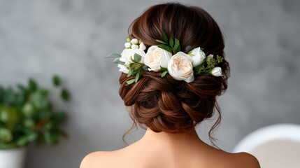 Naklejka premium A beautifully styled updo with a floral hairpiece, showcasing elegance and sophistication in hair fashion.