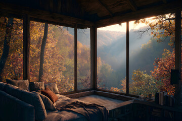 Obraz premium Cozy cabin living room with autumn view of serene forest in warm sunlight