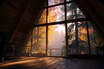 Fototapeta premium Cozy cabin living room with autumn view of serene forest in warm sunlight