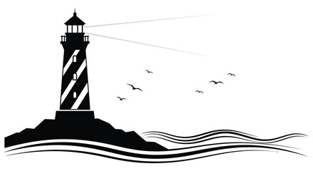 A striking black lighthouse stands on a rocky island with birds flying above a wavy sea a beautiful silhouette high quality © GDOthoi02