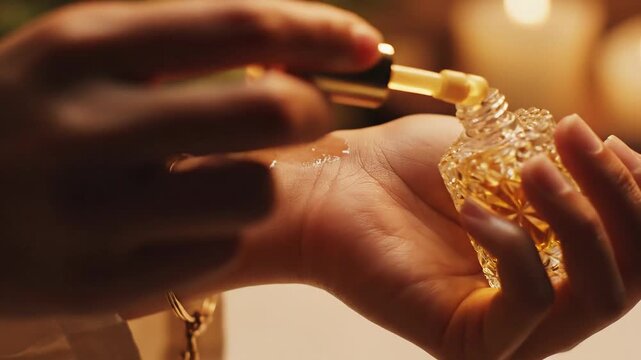 Close-up of Woman Applying Perfume Oil to Wrist from Ornate Bottle
