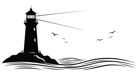 A striking black lighthouse stands prominently against a seascape with birds presented as a bold silhouette high quality professional detailed modern © GDOthoi02