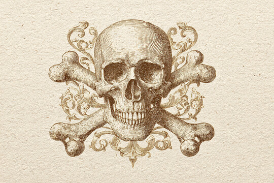 Vintage engraved skull and crossbones icon on clean white backdrop, intricate lines, 32