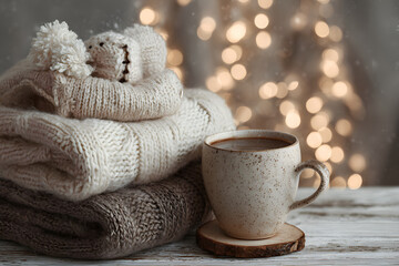 Cozy winter scene with knitted hat, warm blankets, and a steaming cup of coffee on a soft background