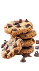 Fototapeta premium Pile of delicious chocolate chip cookies with chunks on transparent background