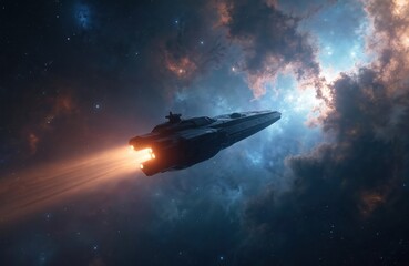 Fototapeta premium Spaceship flies through nebula and stars. Dark starship accelerates with orange engine glow in deep cosmos. Galactic journey exploration science fiction.