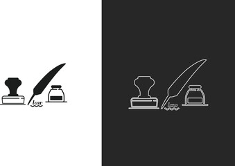 icons Quill pen and inkwell icon set classic writing tools for historical or literary concepts simple vector illustration on white and dark backgrounds