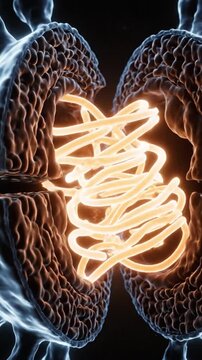 Glowing Spiral Structure with Organic Textures Futuristic 3D Virus Rendering and Mysterious Abstract Exploration of Internal Strands