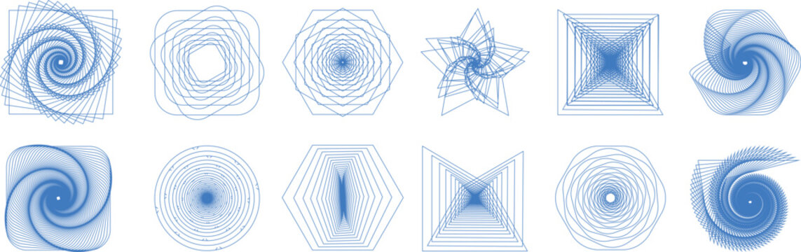 Collection of abstract blue spiral and geometric vector shapes on white background