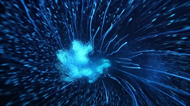 A vibrant blue explosion of energy radiates outward from a central point in a dynamic abstract illustration