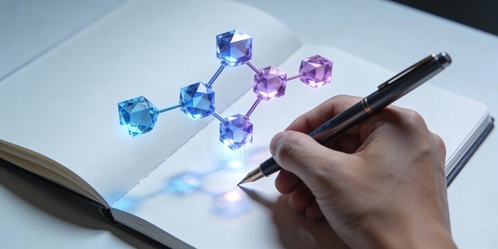 Fountain pen writing in journal as crystalline blockchain data cubes hologram, connected network nodes, secure digital ledger concept for technology and business documentation background